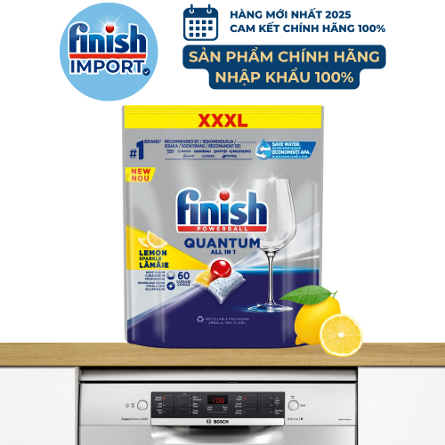 Túi 60 viên rửa chén Finish Quantum All in 1 (14x tính năng trong 1 viên công thức mới – Hương Chanh) – (Dành cho máy rửa chén 10-12-13 bộ).